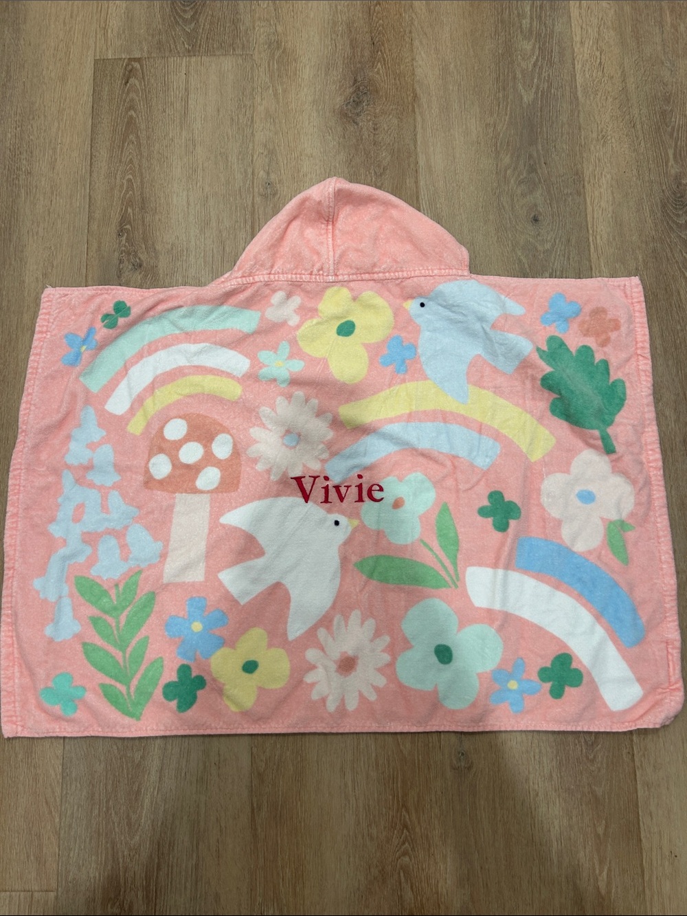Personalized Pink Hooded Kids Towel with Birds & Rainbows